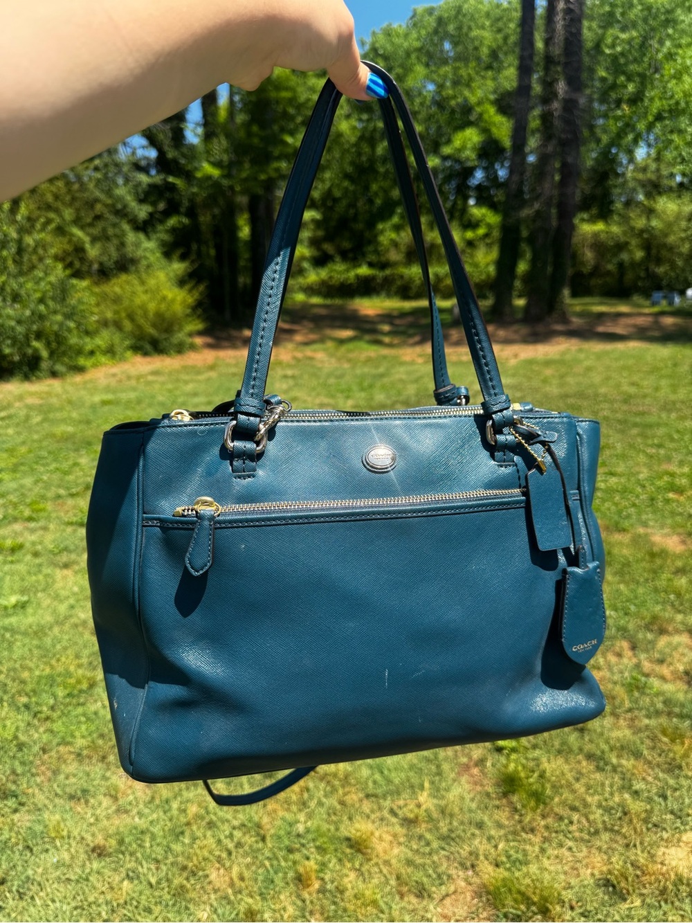 Coach Teal Leather Shoulder Bag with Zip Pocket